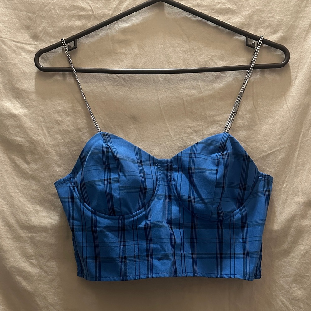 Zaful Blue Plaid Crop Top with Chain Straps